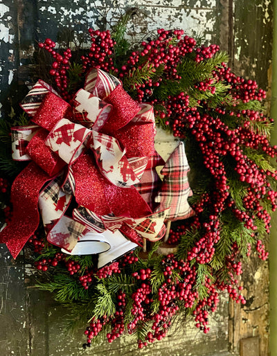 The Jingle Winter Rustic Red & White Evergreen Christmas Wreath For Front Door