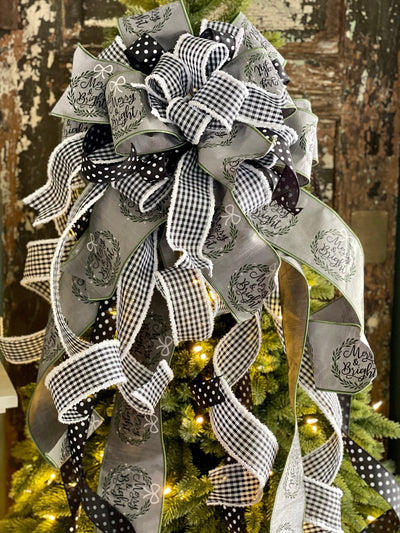 The Baylee Grey Green & White Christmas Tree Topper Bow