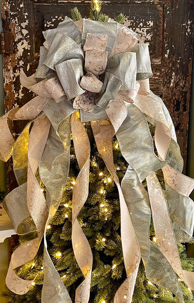 The Midori Minty Sage Green Gold & Silver Christmas Tree Topper Bow