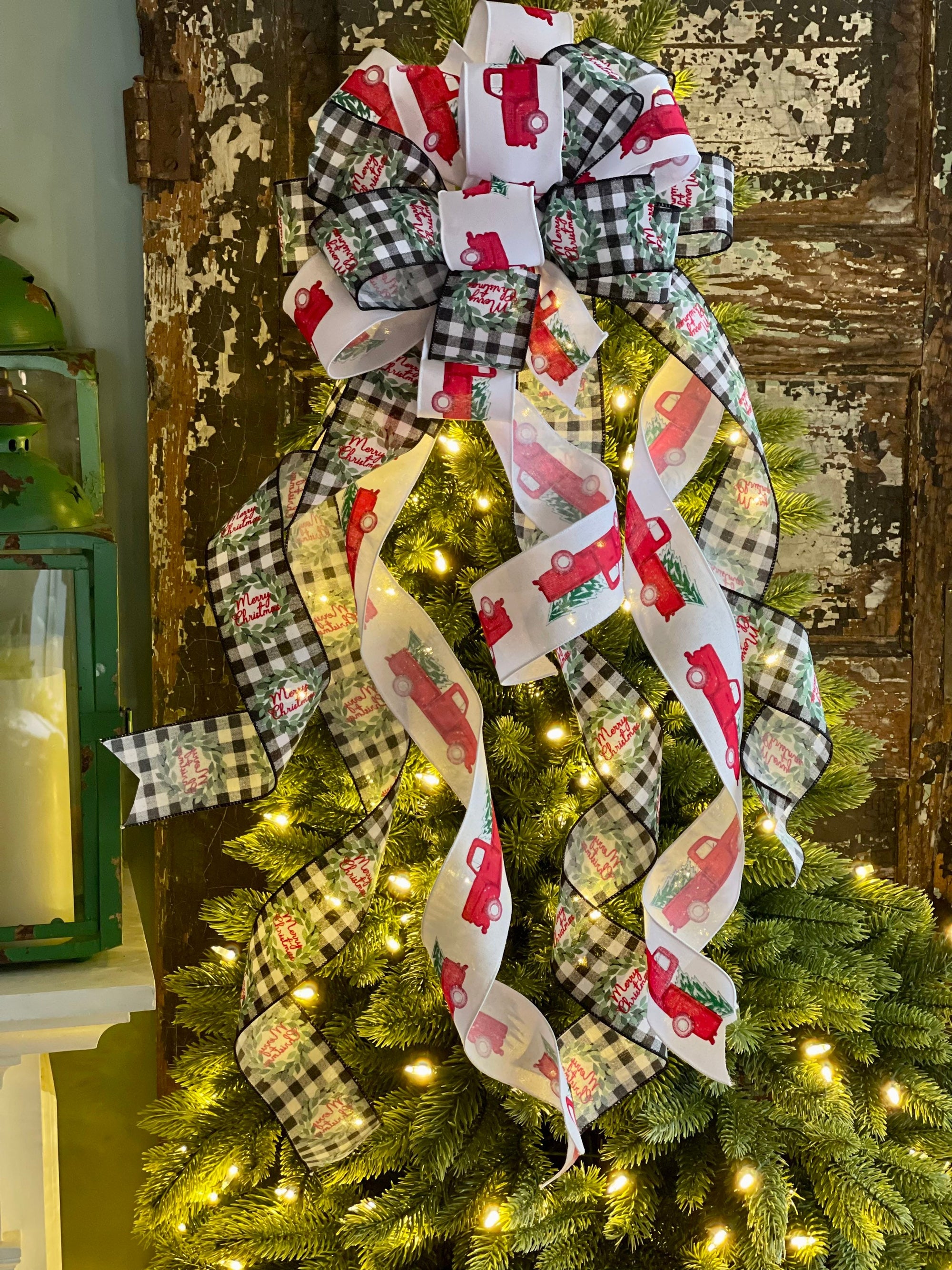 The Ainsley Red Black & White Christmas tree topper bow-bow with long  streamers-xl bow for wreaths-red truck bow-mailbox bow-lamppost bow