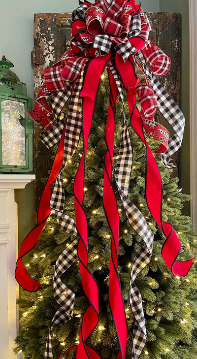 The Rory Red Gold Black & White Buffalo Check Christmas Tree Topper Bow