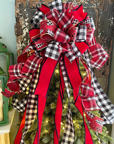 The Rory Red Gold Black & White Buffalo Check Christmas Tree Topper Bow