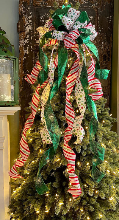 The Yule Red White & Green Whimsical Christmas Tree Topper Bow