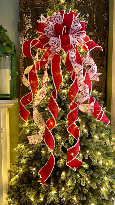 The Enya Red & White Snowflake Christmas Tree Topper Bow