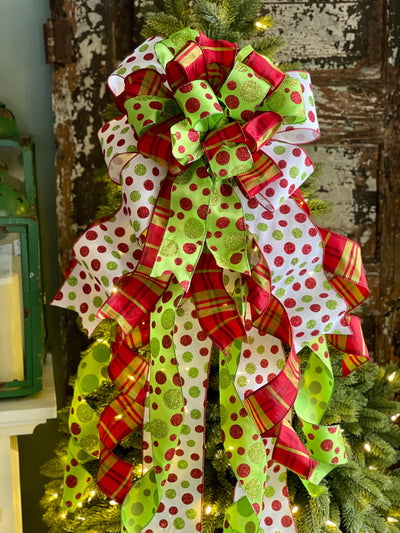 The Roxy Red & Lime Green Whimsical Christmas Tree Topper Bow - Crested  Perch