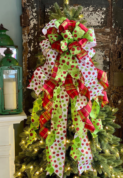 The Jolly Red White & Green Whimsical Christmas Tree Topper Bow