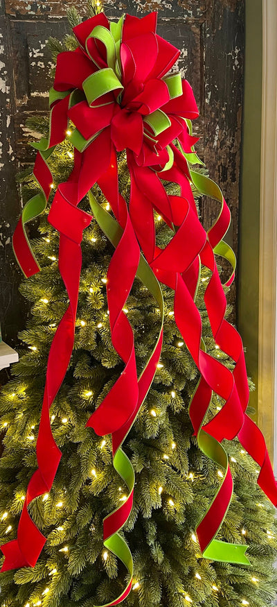 The Marilee Red & Green Velvet Christmas Tree Topper Bow
