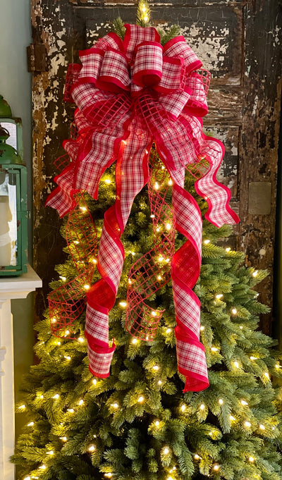 The Cassie Red & Creamy Beige Country Christmas Tree Topper Bow