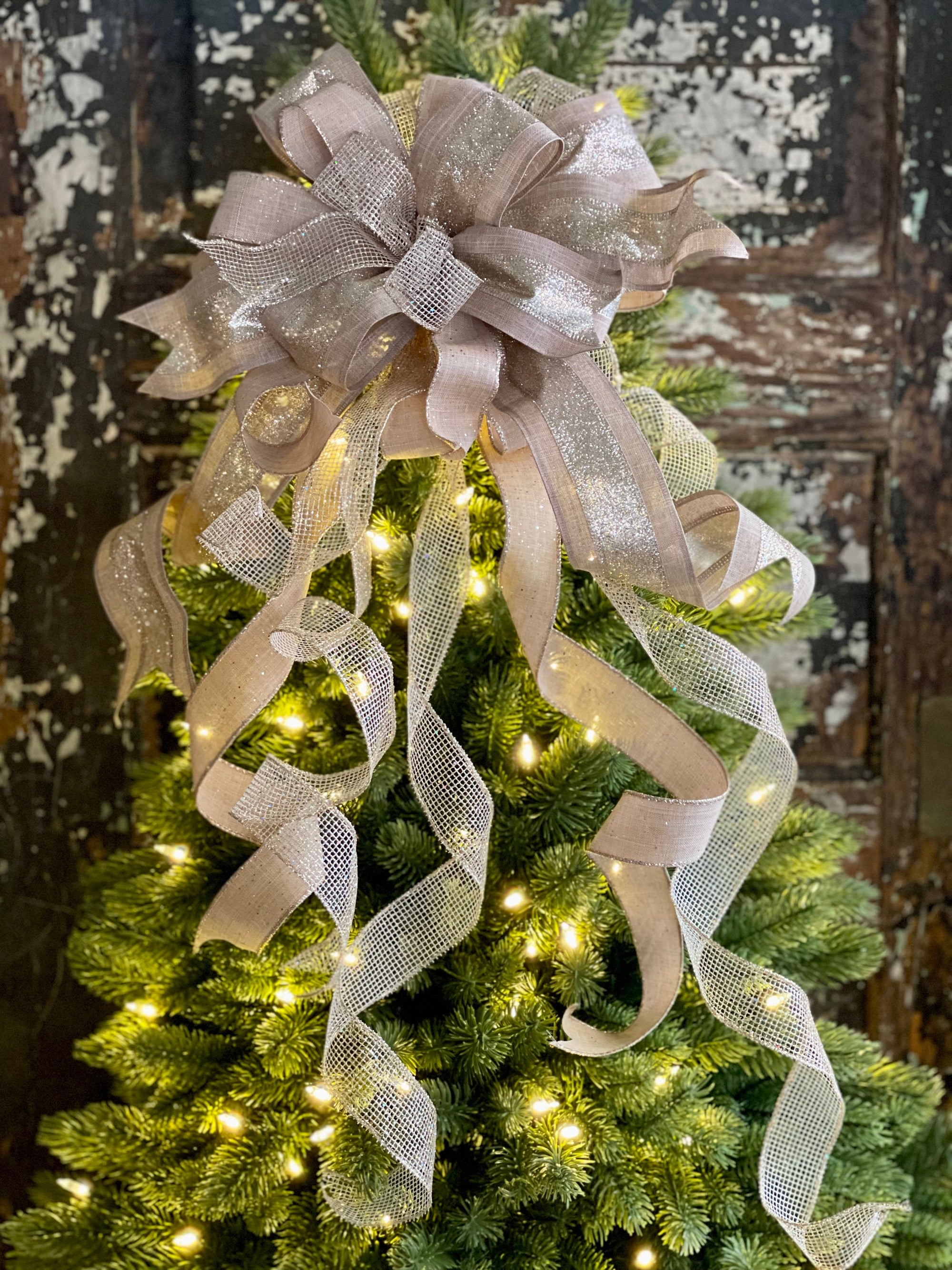The Midori Minty Sage Green Gold & Silver Christmas Tree Topper Bow -  Crested Perch