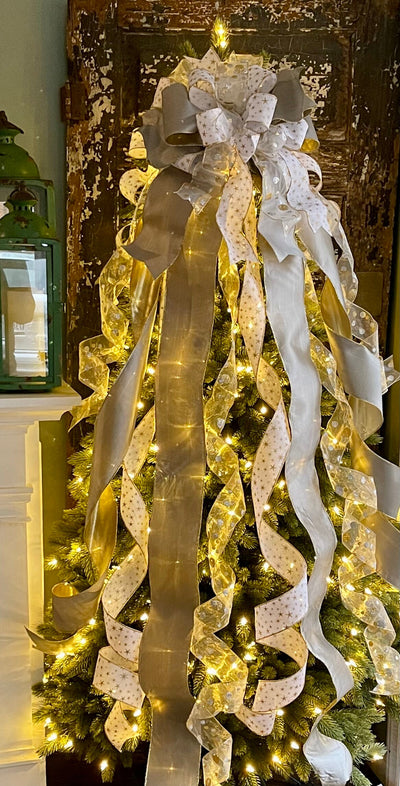 The Starla White Platinum & Gold Taffeta Christmas Tree Topper Bow