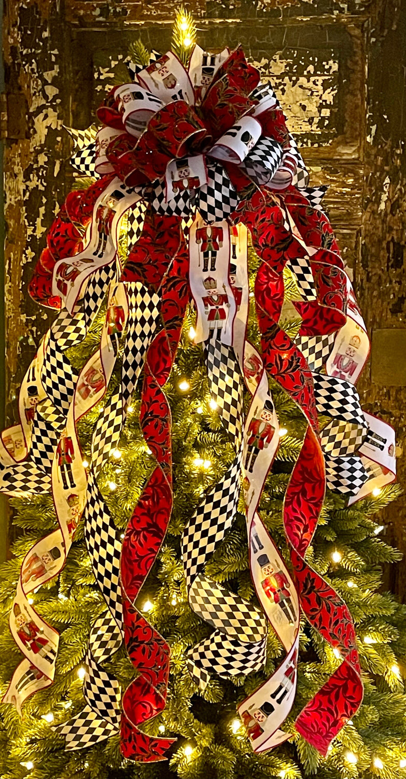 The Jester Red Black Green & Gold Nutcracker Christmas Tree Topper Bow