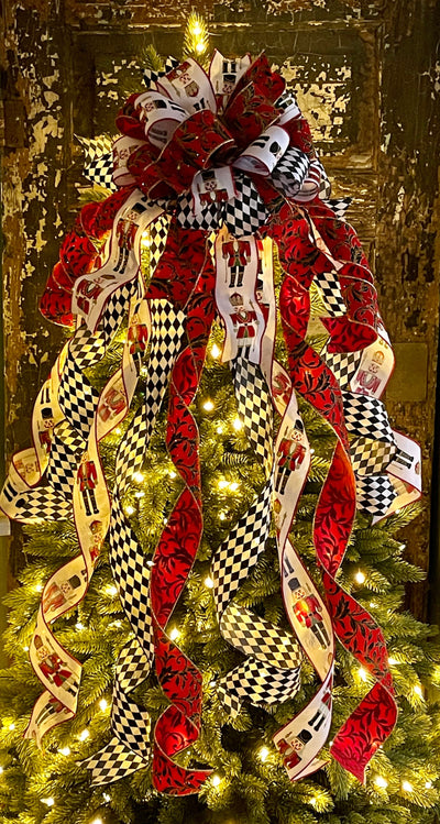 The Jester Red Black Green & Gold Nutcracker Christmas Tree Topper Bow