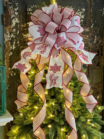 The Estelle White & Red Embroidered Christmas Tree Topper Bow