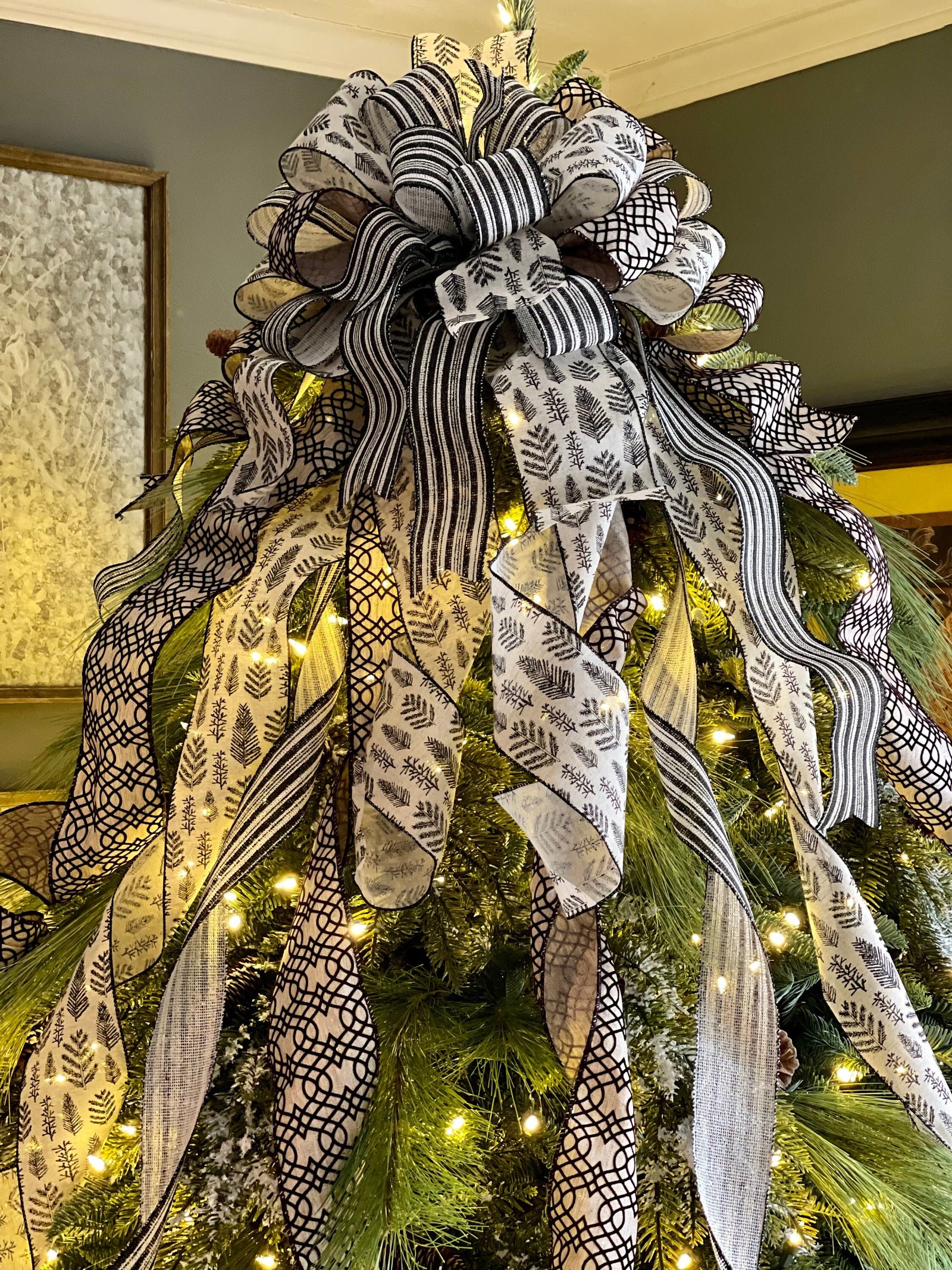 The Athena Black & Cream Oversized Christmas Tree Topper Bow