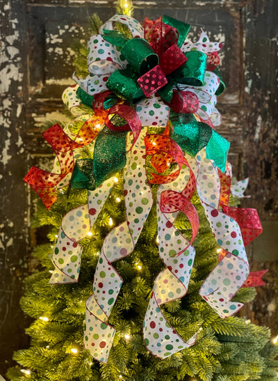 The Dottie Red White & Green Whimsical Christmas Tree Topper Bow