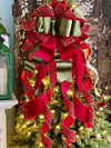 The Bella Red & Green Plush Velvet XL Christmas Tree Topper Bow