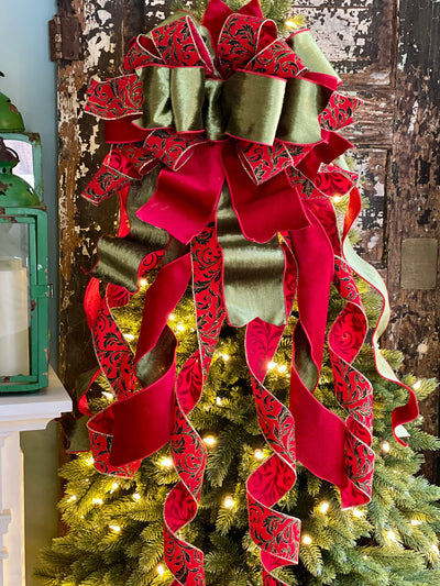 The Bella Red & Green Plush Velvet XL Christmas Tree Topper Bow