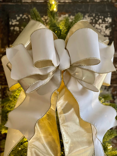 The Celeste Creamy White Ivory & Gold Taffeta Christmas Tree Topper Bow