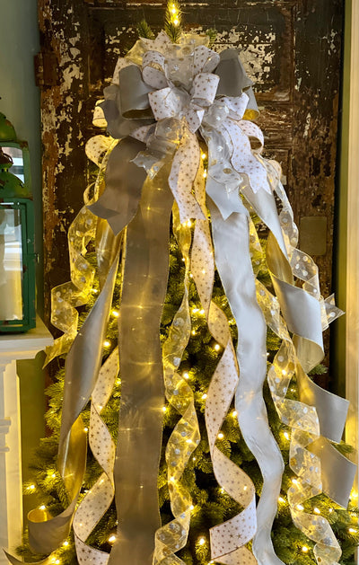 The Starla White Platinum & Gold Taffeta Christmas Tree Topper Bow