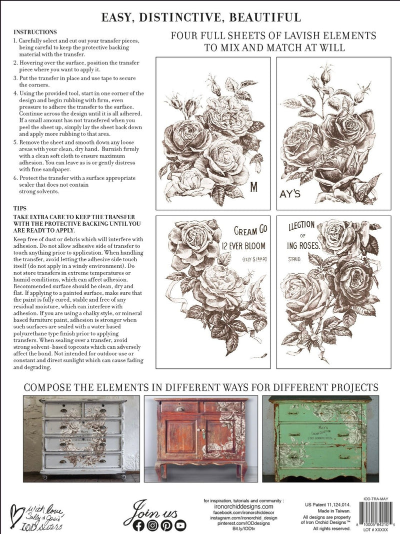 IOD Mays Roses Rub On Transfer Sheet, Transfers for crafts, craft supply, Card embellishment, Image transfer grey black