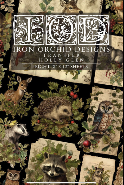 IOD Holly Glen Christmas Rub On Transfer Sheet, furniture decal, craft supply, Card embellishment, woodland creature image transfer