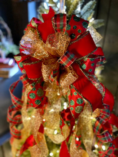 The Joyeux Red & Green Whimsical Polka Dot Christmas Tree Topper Bow