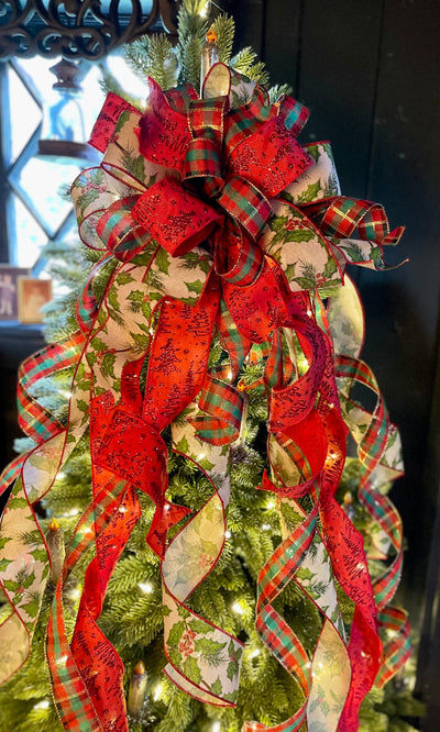 The Cadence Red & Gold Holly Christmas Tree Topper Bow