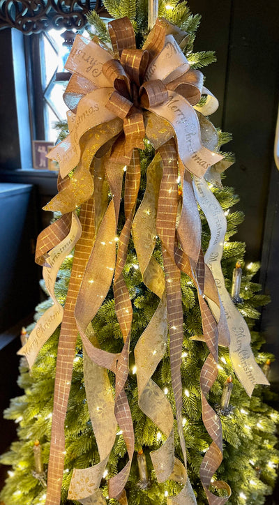 The Clara Cream & Gold Christmas Tree Topper Bow~Bow for wreaths~Xmas bow for lantern~large bow~long streamer bow~mailbox decor