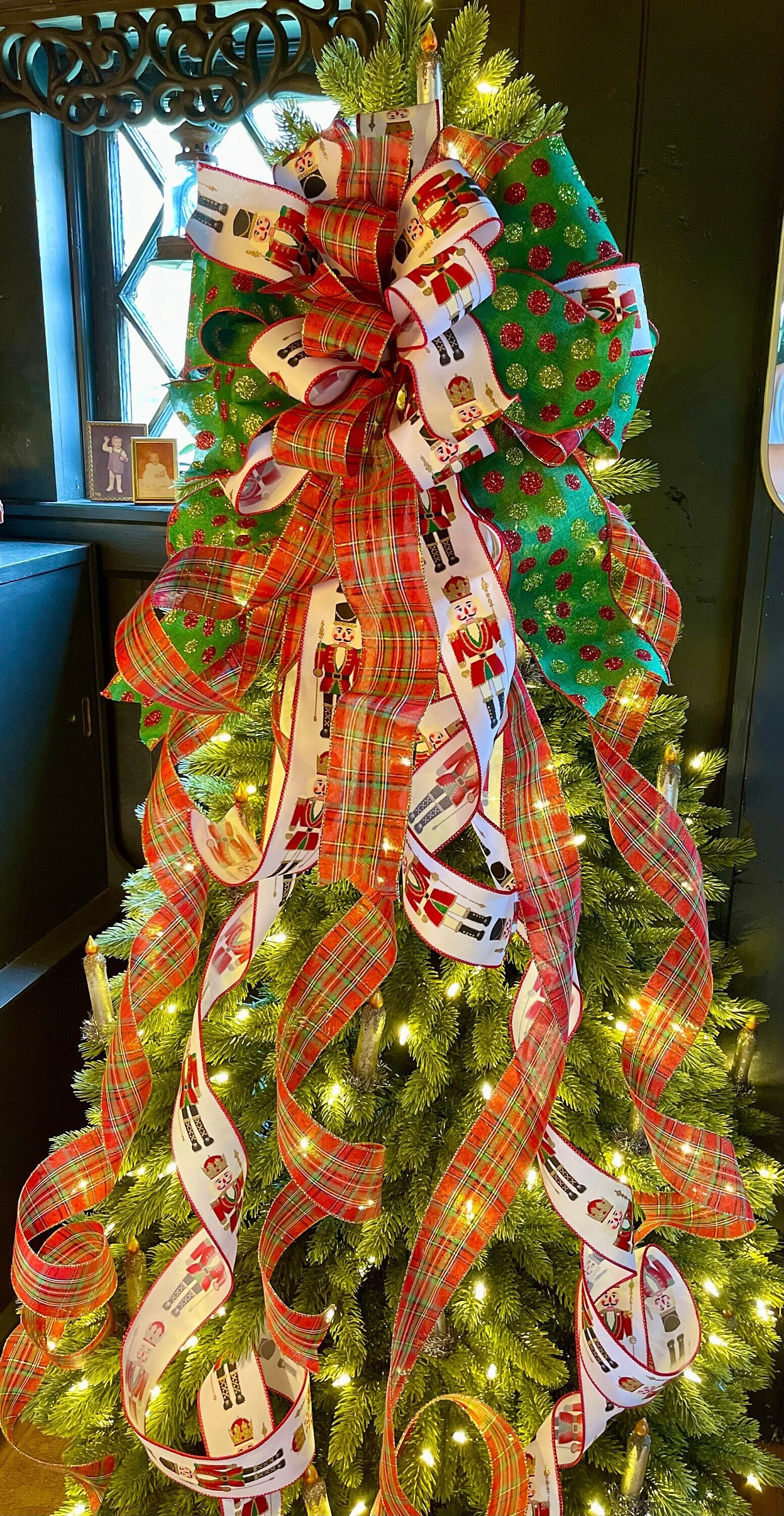 The Hans XL Red Green & Gold Plaid Christmas Tree Topper Bow, Extra long Bow, Xmas plaid, Farmhouse Cottage Bow, ribbon topper