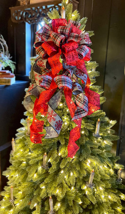 The Oksana Red Grey & black Snowflake Christmas Tree Topper Bow
