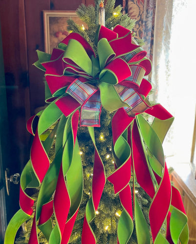 The Madison Red Blue & Green XL Christmas Tree Topper Bow~Bow for wreaths~Xmas plaid Bow~Farmhouse Cottage Bow~Long Stream ribbon topper