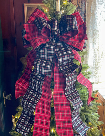 The Lauren Black White & Red plaid Christmas Tree Topper Bow