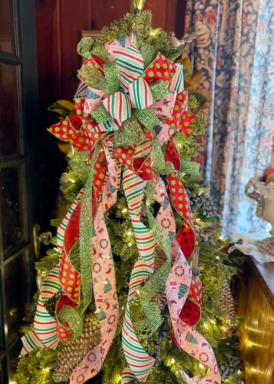 The Cindy Lou Red Pink & Green Whimsical Christmas Tree Topper Bow