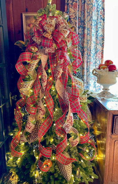 The Joy Red Green & Gold Christmas Tree Topper Bow, long streamer bow, wreath bow, Xmas Bow, tree trimming, ribbon topper, big plaid bow