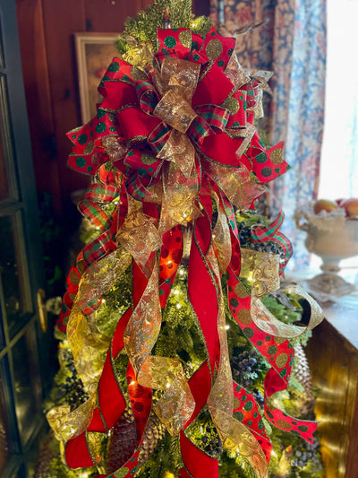 The Joyeux Red & Green Whimsical Polka Dot Christmas Tree Topper Bow