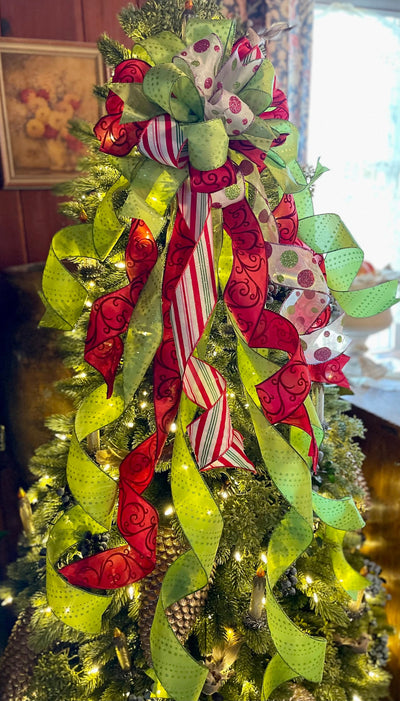 The Susie Red Pink & Lime Green Whimsical Christmas Tree Topper Bow