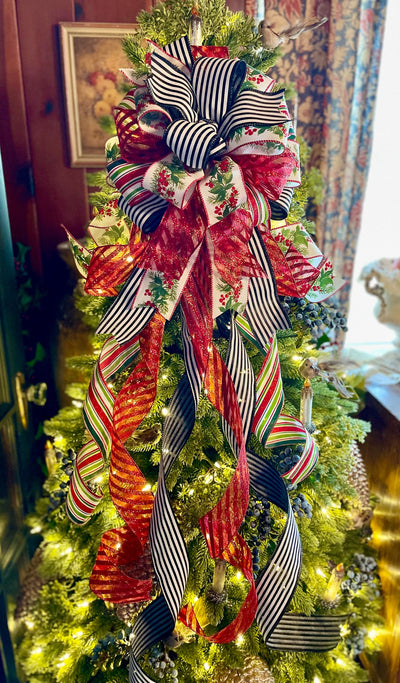 The Imogene Red Green & White Christmas Tree Topper Bow