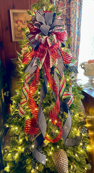 The Imogene Red Green & White Christmas Tree Topper Bow