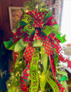 The Carey Red & Lime Green Whimsical Christmas Tree Topper Bow