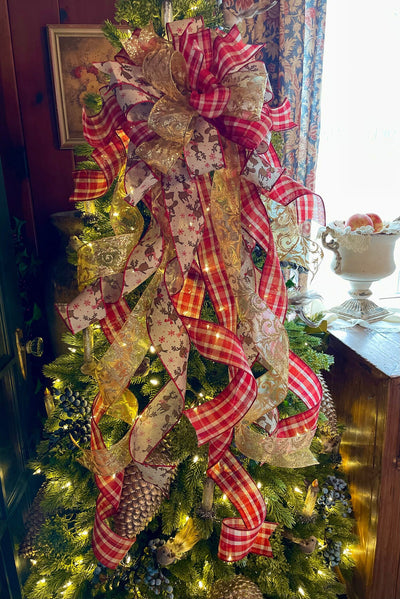 The Randi Red Gold & Tan Reindeer Christmas Tree Topper Bow, Bow for wreaths and lanterns, Xmas Bow reindeer, Farmhouse Christmas Decor