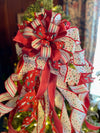 The Mena Red Green & white Christmas Tree Topper Bow, Extra long Bow, Xmas bow, Farmhouse Cottage Bow, ribbon topper, tree trimming bow
