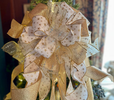 The Eliza White & Gold Christmas Tree Topper Bow~Bow for wreaths~Xmas bow for lantern~large bow~long streamer bow~mailbox decor