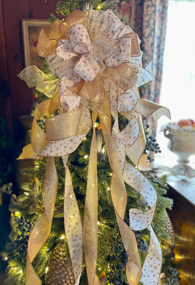 The Eliza White & Gold Christmas Tree Topper Bow~Bow for wreaths~Xmas bow for lantern~large bow~long streamer bow~mailbox decor
