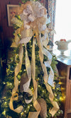 The Eliza White & Gold Christmas Tree Topper Bow~Bow for wreaths~Xmas bow for lantern~large bow~long streamer bow~mailbox decor