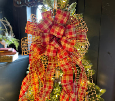 The Annelle Red Tan & Green Country Christmas Tree Topper Bow