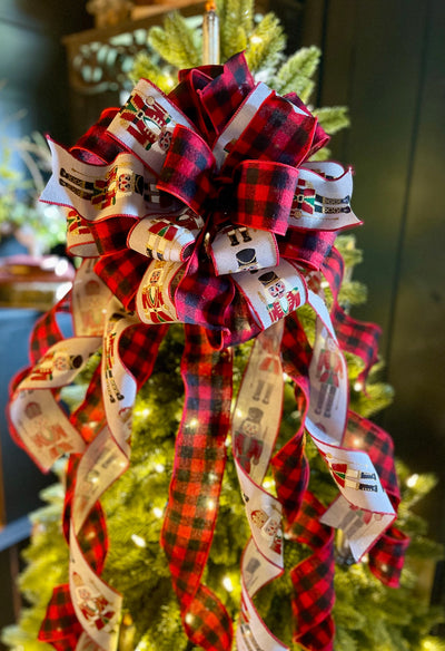 The Claus Red Black & Grey buffalo check Christmas Tree Topper Bow