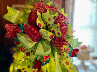 The Mayzie Red & Lime Green Polka Dot Christmas Tree Topper Bow, bow for wreath, long streamer bow, Grinch bow, tree trimming