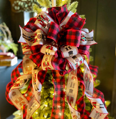 The Claus Red Black & Grey buffalo check Christmas Tree Topper Bow