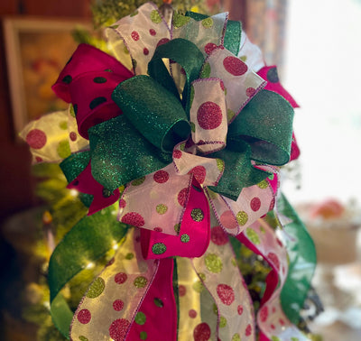 The Barbie Fuchsia Pink & Lime Green Whimsical Christmas Tree Topper Bow, bow for wreath, long streamer bow, Grinch bow, tree trimming bow