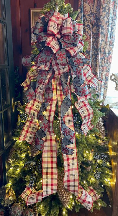 The Lydia Red & Cream Plaid Snowflake Christmas Tree Topper Bow, Luxury Bow, Xmas bow, tree trimming bow, XL tree topper bow